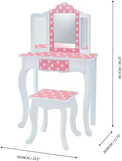 Teamson Kids Princess Gisele Polka Dot Print 2-Piece Kids Wooden Play Vanity Set with Vanity Table, Tri-Fold Mirror, Storage Drawer, and Matching Stool, White with White/Pink Polka Dot Accent