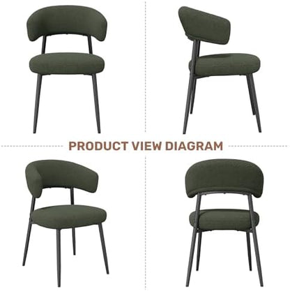 Dining Chairs Set of 6, Mid Century Modern Kitchen Chairs, Boucle Upholstered Dining Chair with Curved Backrest & Metal Legs for Kitchen Dining Room, Green