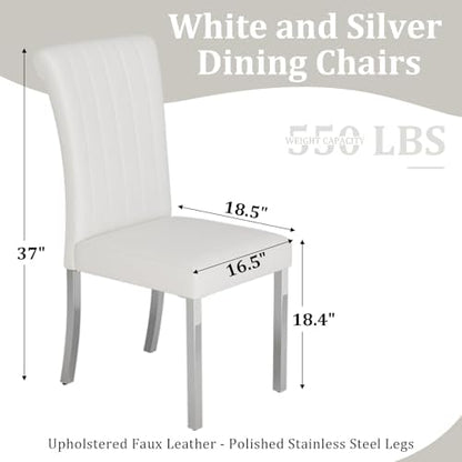 ACEDÉCOR Dining Chairs, White Leather Dining Chairs Set of 6, Upholstered Kitchen Room Chairs with Silver Stainless Steel Legs