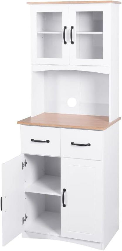 White Wooden Kitchen Cabinet, Pantry Storage Unit with Framed Glass Doors, Microwave Stand & Drawer, for Living Room, Dining Room, or Kitchen