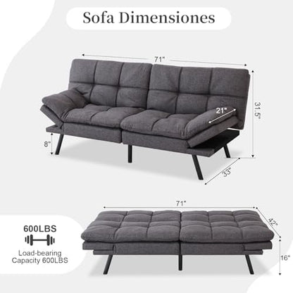 Opoiar Futon Sofa Bed Convertible Memory Foam Couch Bed, Modern Sleeper Sofa with Adjustable Armrests&Backrests, Christmas Futon Sets for Compact Living Spaces Office Dorm Bonus Room,Grey