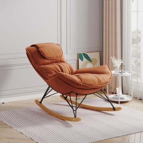 Single Rocking Chair with Ottoman for Adult, Accent Armchair for Balcony Lounge, Breathable Lounge Sofa with Removable Washable Cushion, Brown