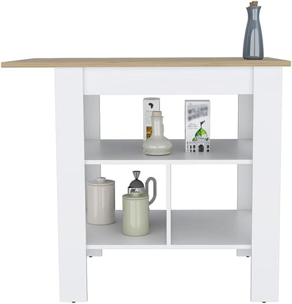 Modern Kitchen Island with Beige Top and Three Shelves | Three low open shelves for extra storage space