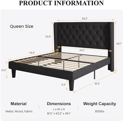 SHA CERLIN Queen Upholstered Bed Frame, Button Tufted Design, Black