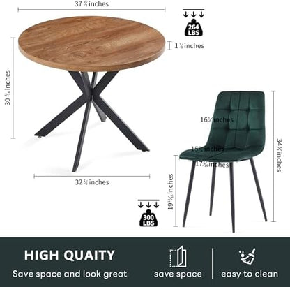 Homedot 37" Round Table Set for 4 Person, Modern Kitchen Table Set, Imitation Wood Dining Table with Space Saving Dining Chairs, Dark Green Velvet Side Chairs