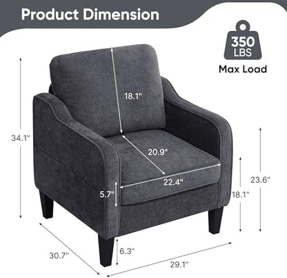 Accent Chair for Living Room, Mid Century Modern Reading Chair for Bedroom, Upholstered Armchair with Side Pockets, Comfy Single Sofa Side Chair for Office, Apartment, Small Room, Dark Grey