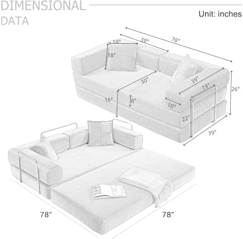 4-in-1 Folding Convertible Sofa Bed, 78 Inch Oversized Corduroy Upholstered Couch, Loveseat Sleeper with Pull Out Bed, Floor Sofa Modular Futon Couch for Living Room Bedroom Lounge, Green