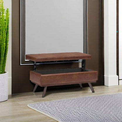 SIMPLIHOME Owen 42" Wide Vegan Leather Lift Top Ottoman in Saddle Brown | Distressed saddle brown, mid-century modern lift-top ottoman with storage for living room; rectangle footstool or pouf.