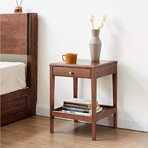Telephone Table, Side Table with Drawer,Solid Wood Nightstand,Sofa Telephone Tables,Small Living Room Coffee Table,Double-Layer Storage,Walnut Color