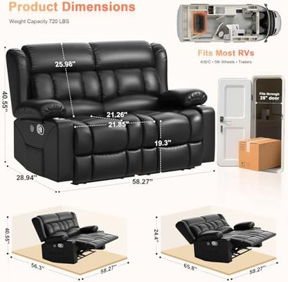 RV Loveseat Recliner Sofa, Reclining Loveseat Home Theater Seating with USB Ports, Cup Holders, Insert Pockets, Wall Hugger RV Recliners for Movie Room, Recline Movie Seats Gaming Sofa