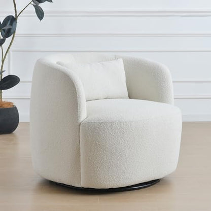 KINWELL 34" W Sherpa Swivel Barrel Accent Chair with Pillow, Cream
