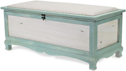Pemberly Row Shabby-Chic Wood Bench Chest, Seafoam Green & Off White Finish, Cushioned Seat with Hinged Lift-Up Storage, Handcrafted Bedroom or Entryway Seating Organizer, Fully Assembled