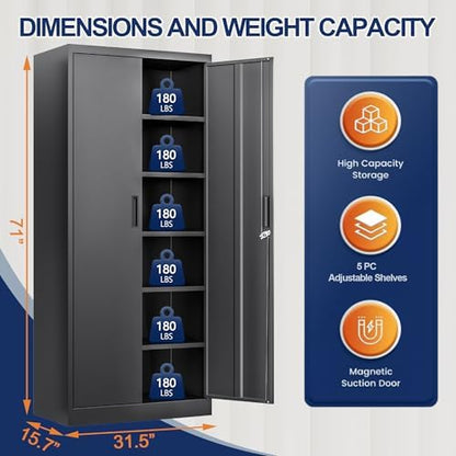 BESFUR Metal Storage Cabinet with 2 Doors and 5 Adjustable Shelves Garage Storage Cabinet with Lock 71" Office Storage Cabinets Locking Cabinets for Garage Office Shop Home (Black)