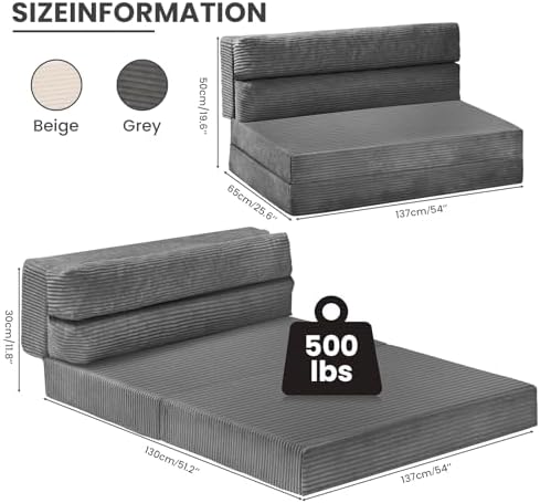 JUIKURY Folding Sofa Bed, Convertible Sleeper Chair with Pilow Foldable Matress, 2 in 1 Pull Out Loveseat Sofa Portable Fold Out Chair Bed Floor Couch Lounge for Living Room Bedroom (Grey, Full)