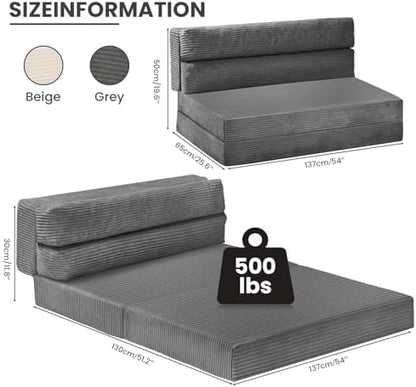 JUIKURY Folding Sofa Bed, Convertible Sleeper Chair with Pilow Foldable Matress, 2 in 1 Pull Out Loveseat Sofa Portable Fold Out Chair Bed Floor Couch Lounge for Living Room Bedroom (Grey, Full)