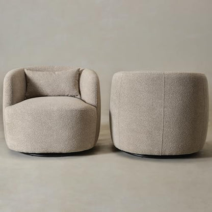 KINWELL 34" W Boucle Swivel Barrel Chairs with Pillow Set of 2, Taupe | No Assembly Round Sherpa Upholstered Armchairs Accent Chairs Single Sofa Chairs with Toss Pillow for Living Room and Bedroom