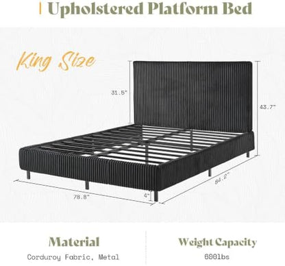 AMERLIFE King Bed Frame, Upholstered Metal Platform Bed, Black