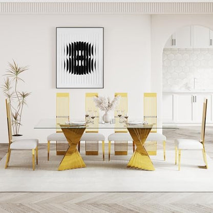 Dining Chairs Set of 6, Luxury Upholstered Boucle Chairs with Slatted Mirrored Polished Metal High Back and Legs, Modern White and Gold Dining Chairs with Breathable Backrest