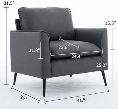 YISHENG Mid-Century Modern Living Room Accent Chairs Set of 2 - Oversized Faux Leather Armchairs with Removable Cushions & Metal Legs, Comfortable Sofas for Office/Lounge/Bedroom/Reception,Gray