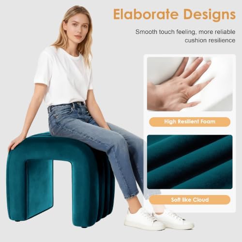 Flouki Small Ottoman Set of 2, Vanity Stools with Aesthetic Channel Tufted, Ottoman Foot Stool for Entryway, Upholstered Foot Rest Extra Seat for Living Room (Teal)