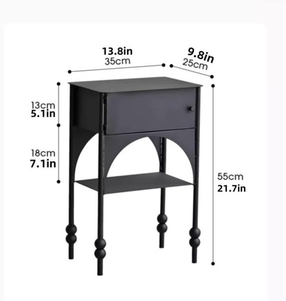 Black Side Table with Drawer, Wrought Iron Nightstand, 2-Tier End Table, Narrow Cabinet for Bedroom，Living Room, Office