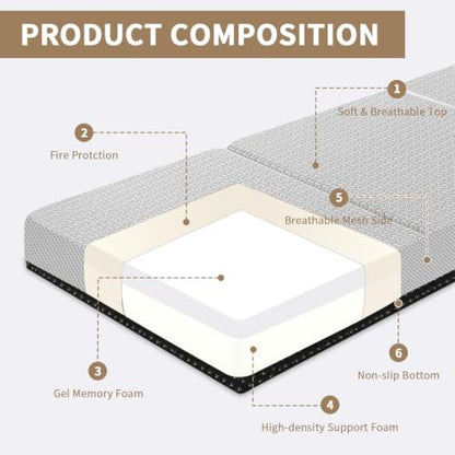 CYMULA Folding Mattress Full Size, 6 inch Memory Foam Tri Portable Murphy Bed and Futon, Full Topper with Breathable & Washable Cover, Foldable Floor Mattress for RV,Guest Beds,Grey,52"×73"×6"