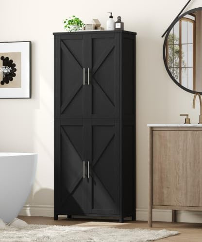 Akxomel 63''H Tall Farmhouse Bathroom Storage Cabinet with 4 Doors Black | Floor Storage Cabinet with Barn Doors, Adjustable Shelf, Pantry Cabinet for Kitchen, Laundry Room, Living Room, Entryway