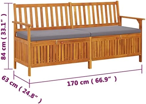 67 Inch Outdoor Storage Bench, Solid Acacia Wood Garden Bench with Thick Cushion, 3-Seater Patio Seating for Terrace and Backyard, Large Rectangular Wooden Chest