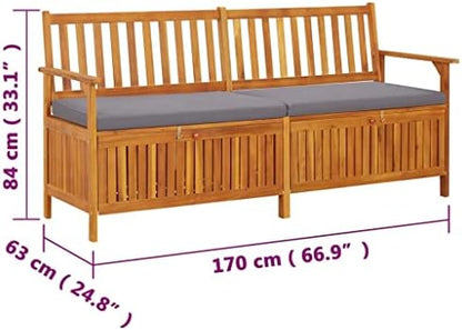 Black Acacia Wood Storage Bench Rectangular, 67 in Outdoor Storage Bench with Cushion, Black and Brown Patio Seating for Three