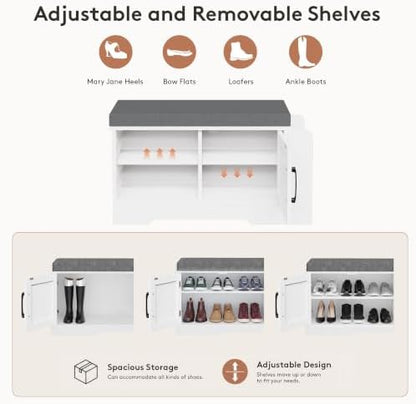 Farmhouse Shoe Storage Bench with 3-in-1 Entryway Storage & Padded Seat | 27.8" Wide Entryway Bench with Adjustable Shelves, Shoe Organizer & Side Storage Rack for Living Room, Bedroom, White