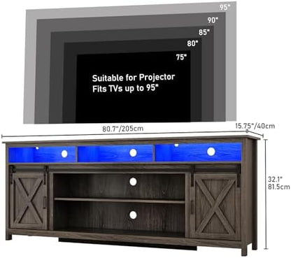 80" LED Farmhouse TV Stand for 90/85/80 Inch TVs,Tall Entertainment Center Storage Cabinets w/Power Outlets and Sliding Barn Door,Rustic TV Stands for Living Room,Media Console Cabinet (Charcoal)