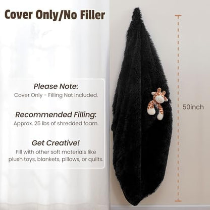 Bean Bag Cover (No Filler), Soft Faux Fur Stuffed Animal Bean Bag Storage, Fluffy Plush Bean Bag Chair Cover Washable, Comfy Bean Bag Covers for Adults Kids Teens, 38"x40" Black