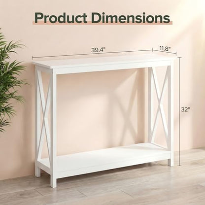 SUPER DEAL Console Table 39.5”, 2-Tier Narrow Sofa Side Table with Storage Shelf, Entrance Table for Hallway/Foyer/Living Room/Corridor/Office, White