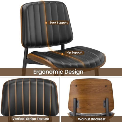 YaFiti Dining Chairs Set of 2, Mid Century Modern PU Leather Kitchen Chairs | Ergonomic Walnut Backrest, Upholstered Waterproof Faux Leather Seat, Stable Metal Legs, Adjustable Footpads, Black Pinstripe