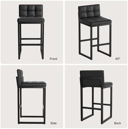 Bar Stools Set of 2, Modern Counter Height Bar Stools, Black | 24" Faux Leather Bar Chairs with Back, Footrest, Sturdy Thickened Metal Leg, Upholstered Counter Stools for Kitchen Island