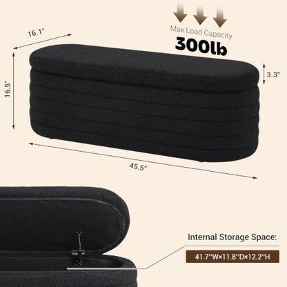 Teddy Sherpa Oval Black Ottoman with Storage, 45.5-inch Bench | Teddy Upholstered Window Bench Hidden Storage, Safety Hinge and Seating, for Living Room, Bedroom, Small Apartment