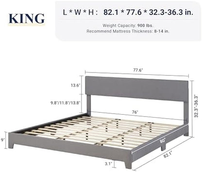 Allewie King Size Upholstered Bed Frame Adjustable Headboard, Light Grey