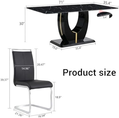 71" Modern Dining Table Set for 6, Black Faux Marble Dining Table with 6 Upholstered Chairs, Large Rectangle Kitchen Table Set, Tempered Glass Tabletop, U-Shaped Base, Ideal for Dining Room