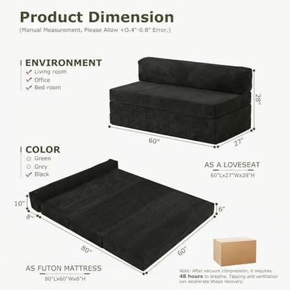 5-in-1 Convertible Sofa Bed, Couch Loveseat with Removable Cushions & Washable Cover, Futon Sofa Bed with Handle, Pull Out Couch for Small Spaces, Queen Size, Black