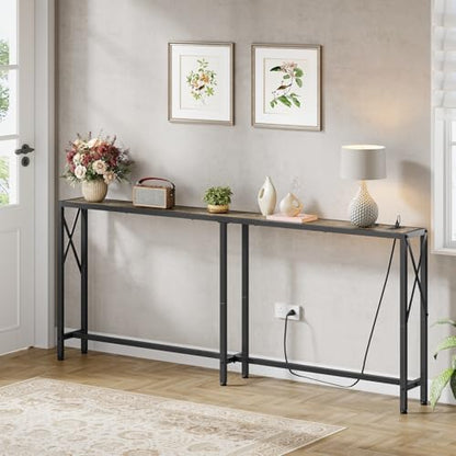 Gewudraw 70" Sofa Table Behind Couch with Socket-Narrow Console Table | Industrial Style, Long Skinny Design,Couch Table For Hallway,Living Room,Bedroom, Built-In Power Outlets & USB, 172cm Length