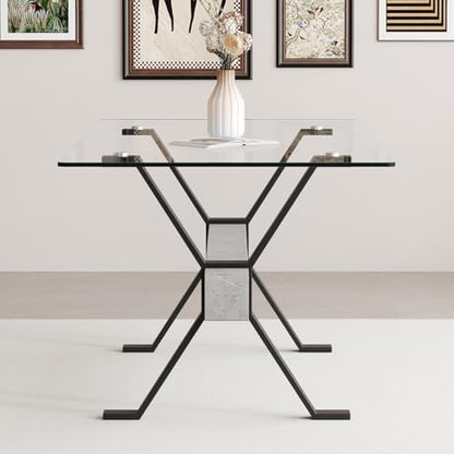 Glass Dining Table 71"｜Modern Dining Table for 6｜0.4" Thick Tempered Glass Top｜Matte Black Metal Legs｜Grey Crossbar｜Easy Assembly｜Perfect for Dining Room or Kitchen