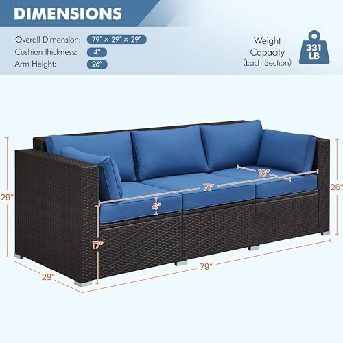 Yaheetech 3-Seat Patio Wicker Sofa, Outdoor Rattan Couch with Furniture Cover, Deep Seat High Back with Cushions & Throw Pillows for Deck/Porch/Balcony/Yard, Brown/Dark Blue