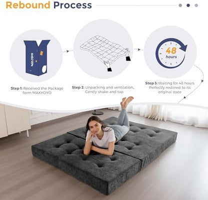 MAXYOYO 6" Folding Sofa Bed for Floor, Tufted Tri-Fold Floor Mattress | Queen Size Portable Sofa Couch Guest Mat with Chenille Fabric for Adults, Foldable Topper for Camping, Dark Grey, Queen