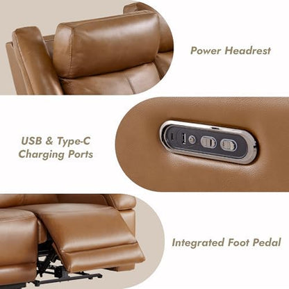 Watson & Whitely Genuine Leather Power Recliner Sofa & Loveseat Set, Saddle | Wall Hugger Reclining Sofas, Power Headrest, Center Storage Console, Charging Ports, Cup Holders, Living Room Furniture Set