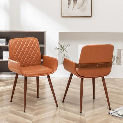 LUNLING Mid Century Modern Dining Room Chairs Set of 2 Accent Faux Leather Kitchen Chair Bentwood Frame with Armrest,Upholstered Seat,Metal Legs Chairs,Adjustable Foot for Kitchen Dining Desk(Orange)