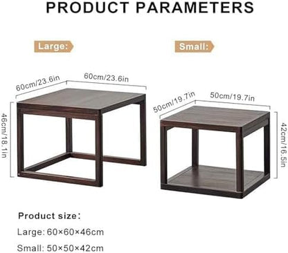 2 Piece Solid Walnut Wood Nesting Tables, Modern Square Stackable Coffee & Side Table Set, Pre-Assembled Space-Saving End Tables