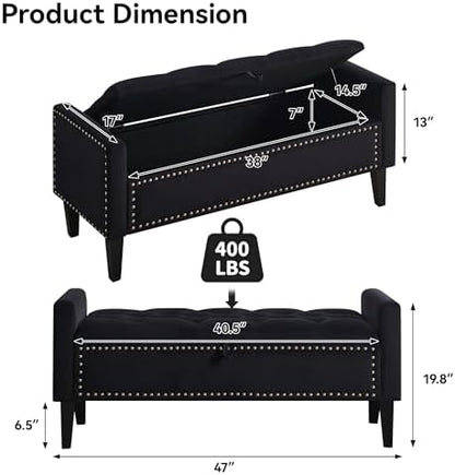 WUTUTUEE 47" Velvet Storage Bench, Upholstered Bed Bench with Storage, End of Bed Ottoman with Wooden Legs,Bedside Storage Bench for Bedroom, Living Room, or Entryway, Black