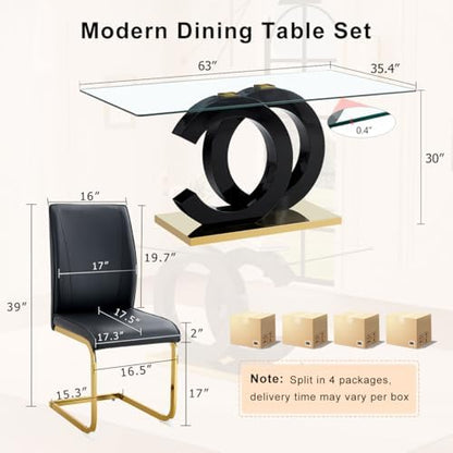 63" Glass Dining Table Set for 4, Modern Dining Table Set for 4, Tempered Glass Tabletop with Black OC-Shaped Legs and Gold Base, Black Gold Kitchen Table Set with 4 Cantilever Upholstered Chairs