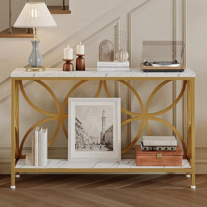 GiftGo Narrow Sofa Table 47.2 Inch, Industrial Sofa Table Behind Couch, Vintage Entry Console Table with Storage for Entryway, Living Room, Foyer, Elegant Design (White and Gold, 47.2)