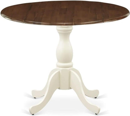 Pemberly Row Round Rubberwood Dining Table, Walnut Top and Linen White Pedestal Base, 42 in Diameter, 30 in Height, Drop Leaf Design, Classic Style Kitchen or Dining Room Table for Small Spaces